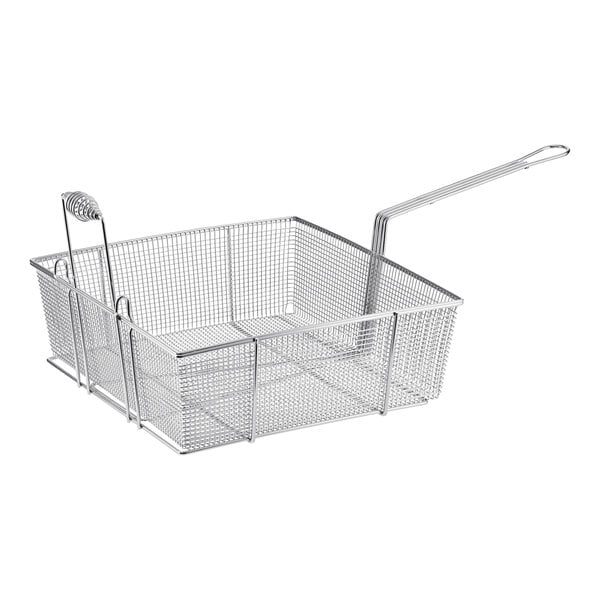 A stainless steel Pitco fryer basket with a front hook handle.