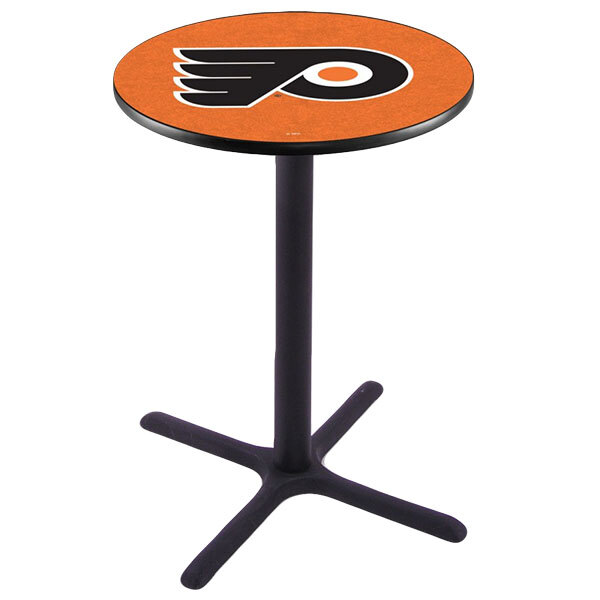 A black Holland Bar Stool table with the Philadelphia Flyers logo on it.