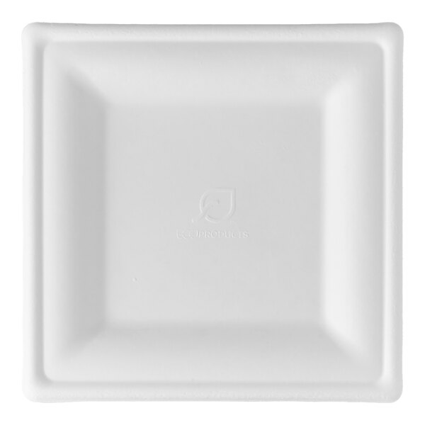A white square Eco-Products compostable plate with a logo on it.