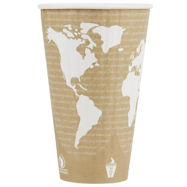 A white Eco-Products paper hot cup with a world map on it.