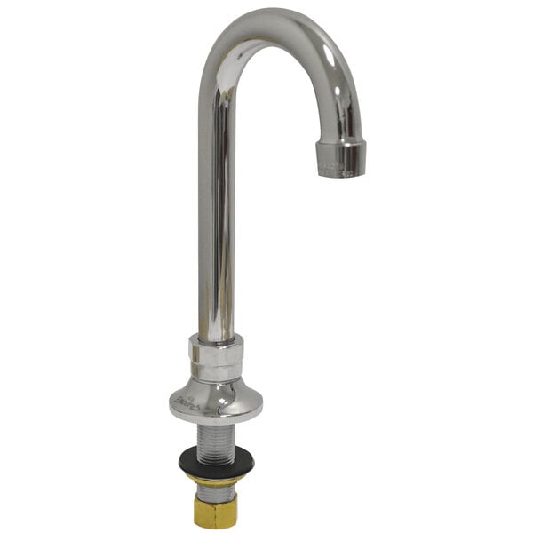 A silver Advance Tabco deck-mount faucet with a metal handle and gooseneck nozzle.