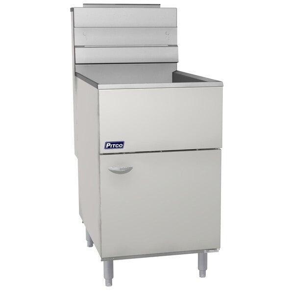 A Pitco stainless steel floor gas fryer with a small drawer.