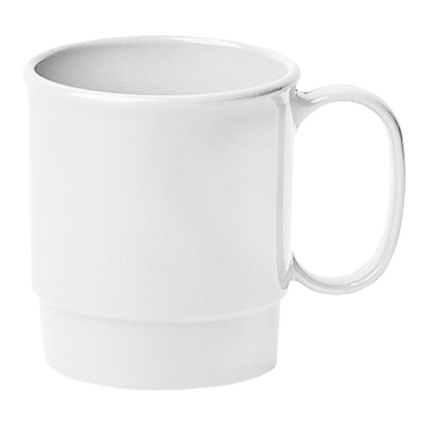 A close-up of a white Cambro polycarbonate mug with a handle.
