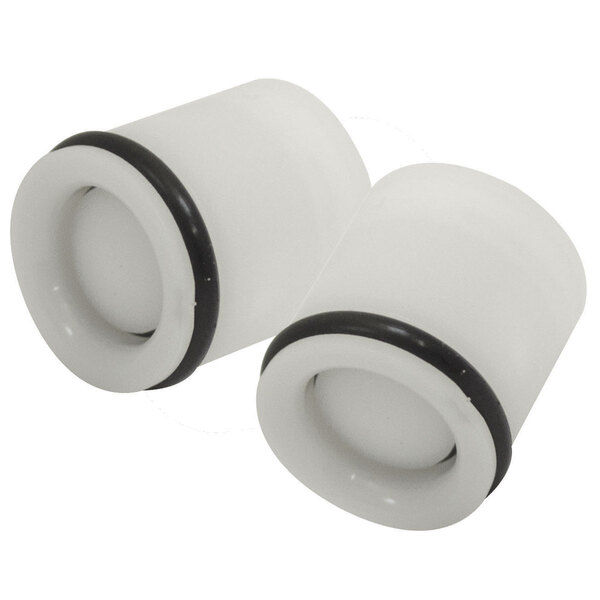 A pair of white plastic plugs with black trim.