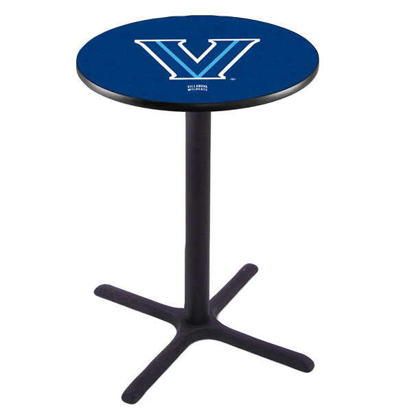 A black bar height table with a blue and white Villanova University logo on it.