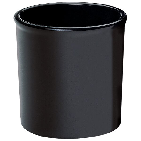 A black round melamine container with a lid on a white background.