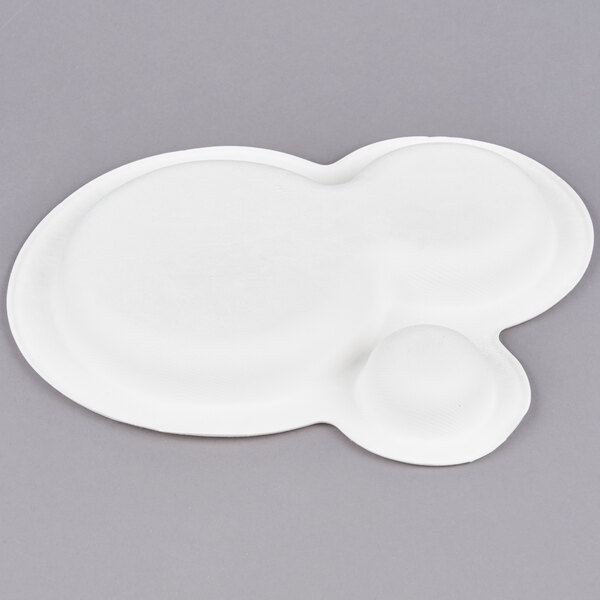 A white Eco-Products compostable sugarcane plate with a ball on it.