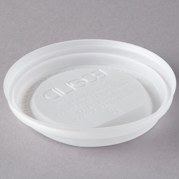 A white Eco-Products compostable plastic hot cup lid with text on it.