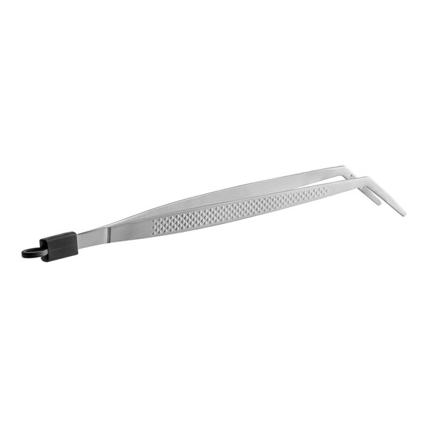 Mercer Culinary Precision Plus curved plating tongs with white plastic handles and holes.