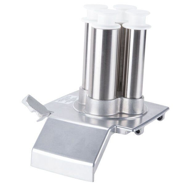 A Robot Coupe stainless steel double straight hole feed head with white caps.
