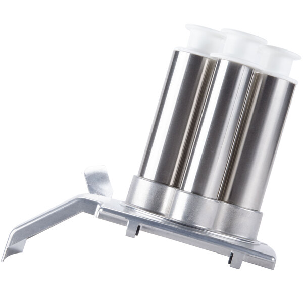 A metal cylinder with white caps on both ends.