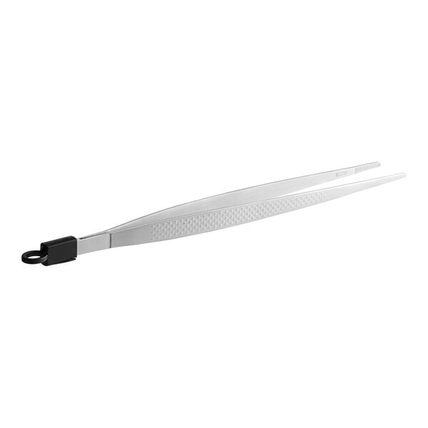 A Mercer Culinary Precision Plus Straight Plating Tongs with a white handle.