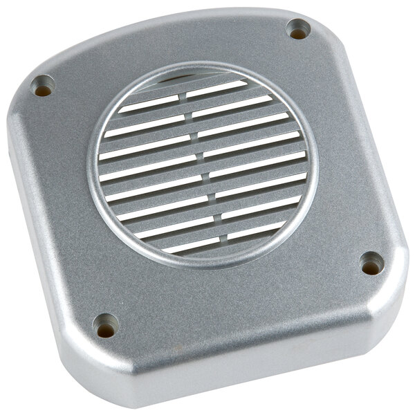 A silver metal rear cover with a round vent.