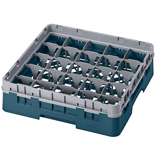 A teal plastic Cambro glass rack with 25 compartments.