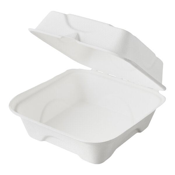 A white Eco-Products compostable takeout container with an open lid.