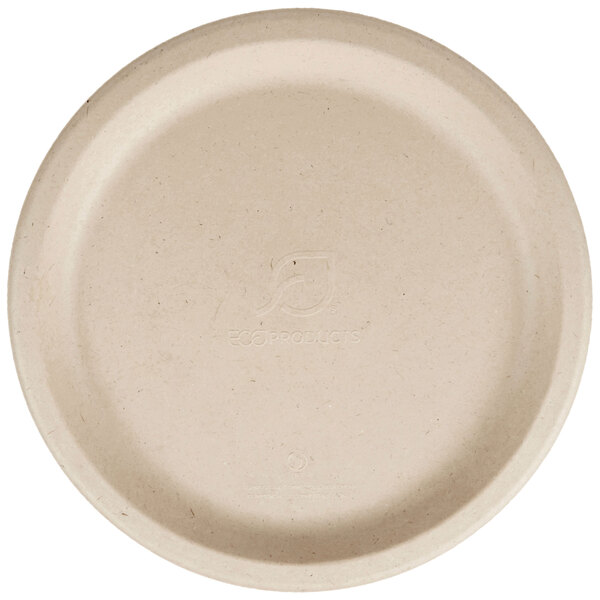 A white Eco-Products wheat straw compostable plate with a logo on it.