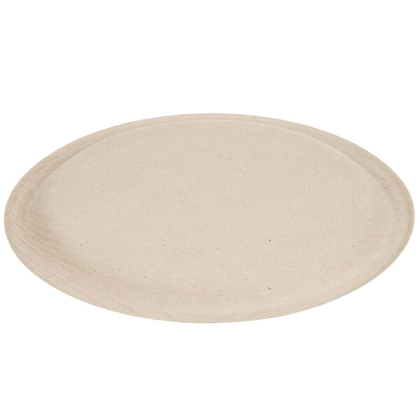 A close-up of an Eco-Products round wheat straw compostable plate with a round edge.