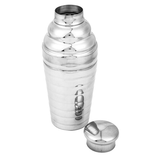 A Tablecraft stainless steel cobbler cocktail shaker with lid.