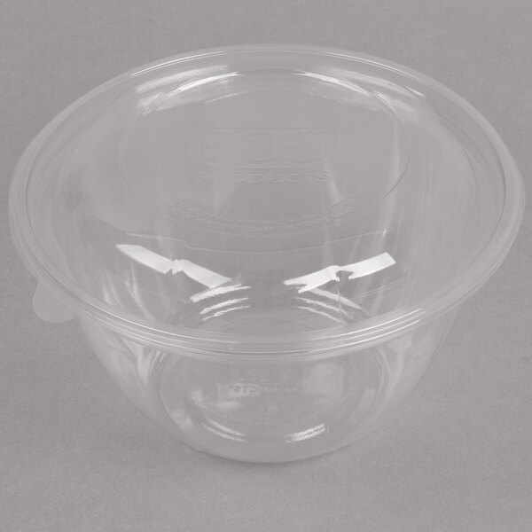A clear plastic Eco-Products salad bowl with a lid.