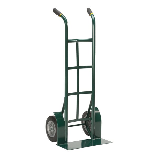 A green Harper hand truck with black wheels.