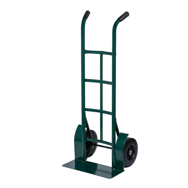 A green dual-handle steel hand truck with a flat loading base and two solid rubber wheels.