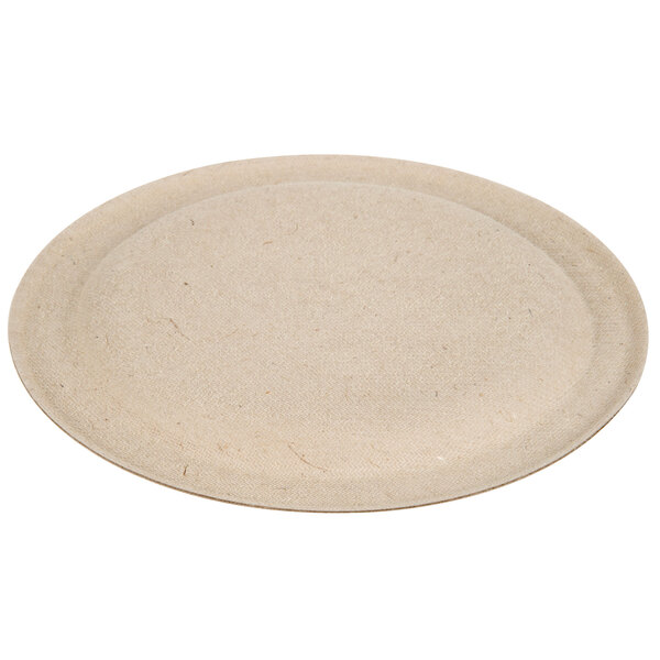 A close-up of a round wheat straw plate with a brown border.