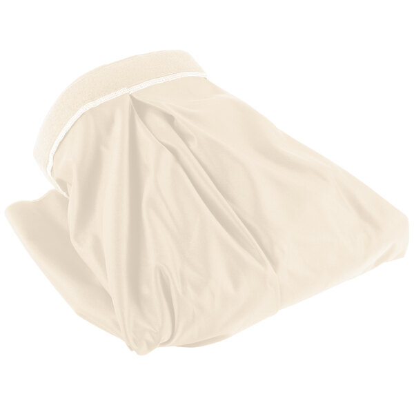 A white table skirt with a white band.