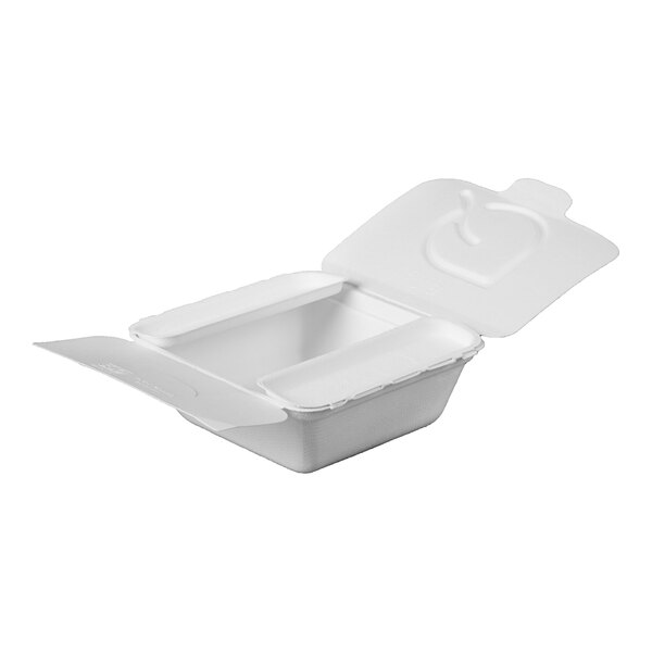A white Folia takeout container with the lid open.
