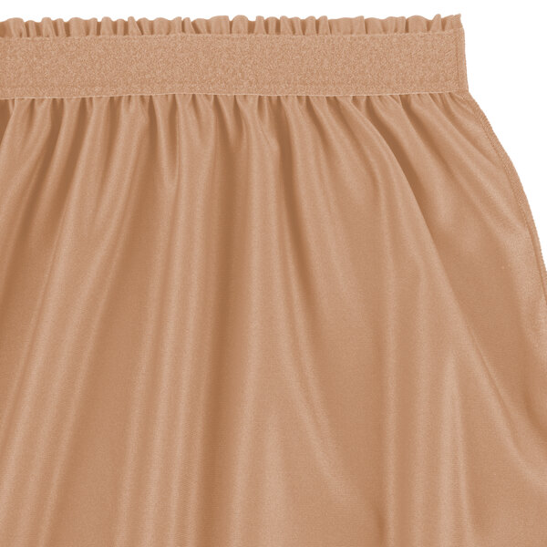 A Snap Drape sandalwood shirred pleat table skirt with a ruffle on the side.