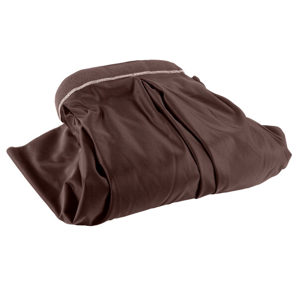 A brown box pleat table skirt in a brown bag with a white stripe and Velcro clips.