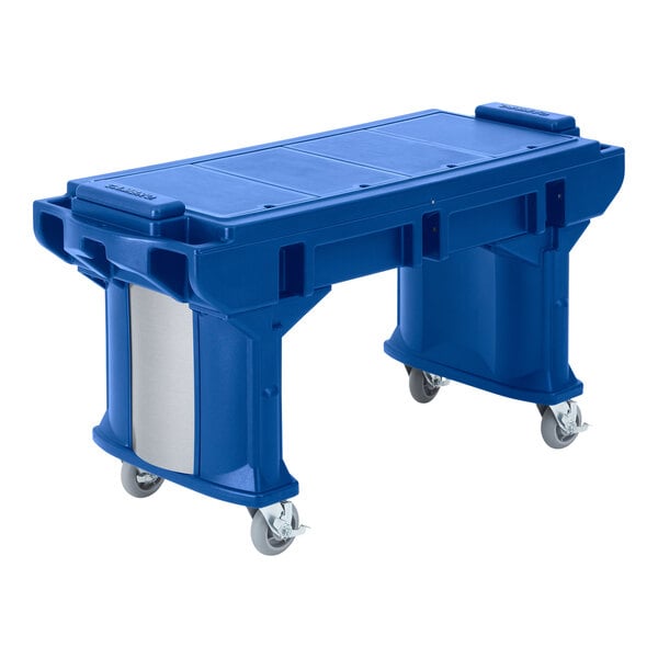 A blue plastic Cambro Versa work table on heavy duty casters.
