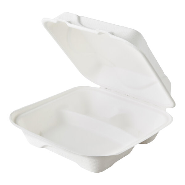 A white Eco-Products compostable sugarcane takeout container with a lid.