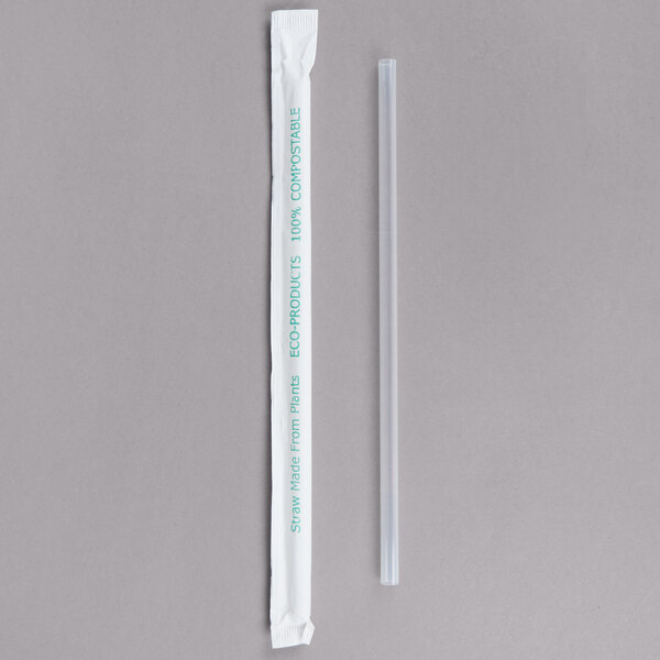 A clear wrapped Eco-Products compostable plastic straw.