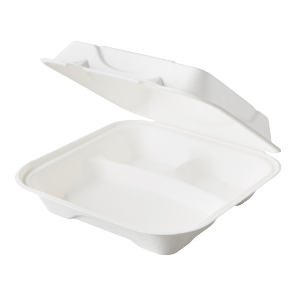 A white Eco-Products compostable 3-compartment takeout container.