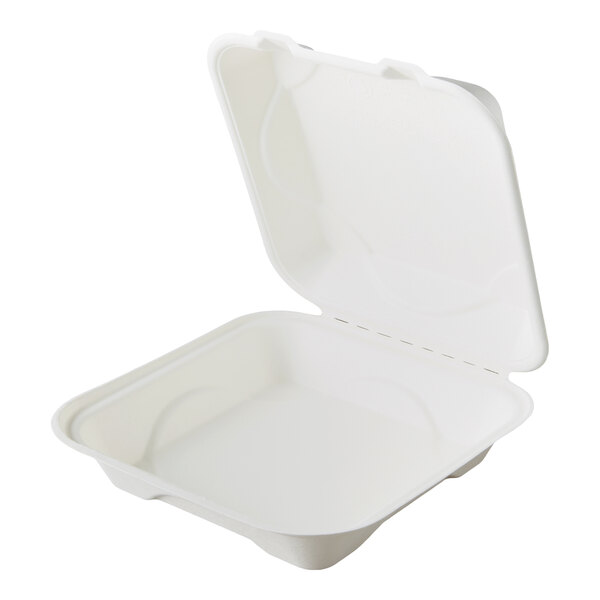 A white compostable Eco-Products takeout container with the lid open.