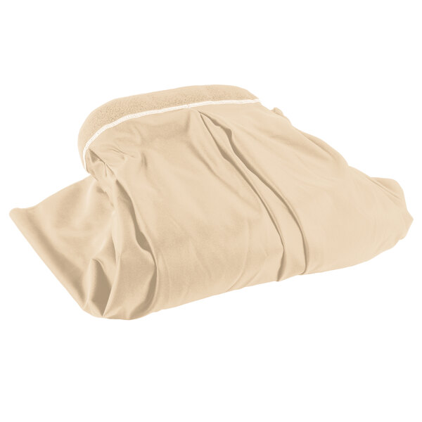 A cream Snap Drape table skirt in a clear bag with a white strip and Velcro clips.