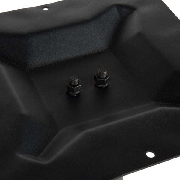 A black metal BFM Seating counter height table base plate with two bolts.
