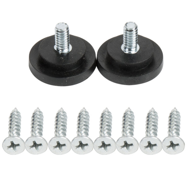 A BFM Seating sand black stamped steel counter height table base with black rubber discs and screws.