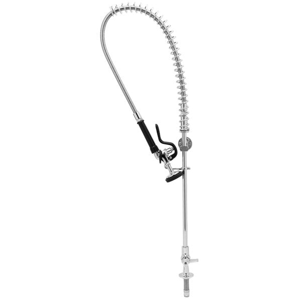 A stainless steel Equip by T&amp;S pre-rinse faucet with a hose and black handle.