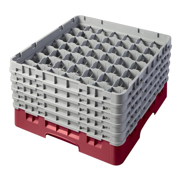 A red and gray plastic Cambro glass rack with extenders.