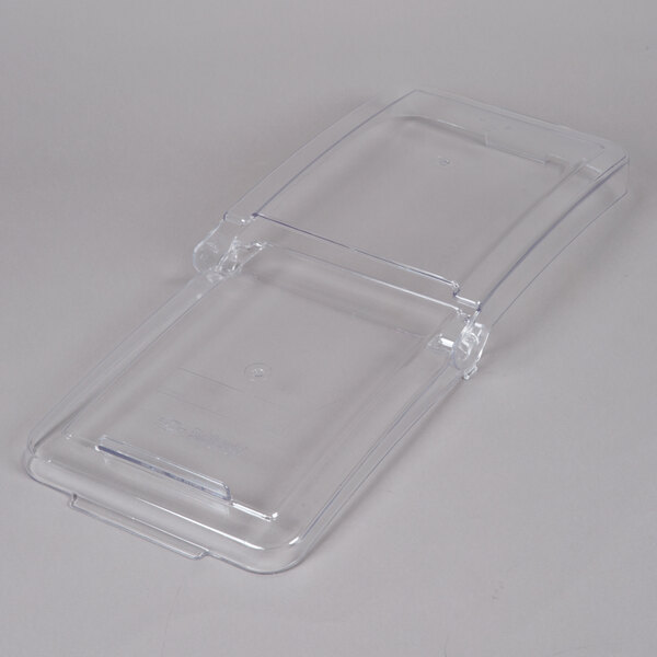A white clear plastic container with a sliding lid.