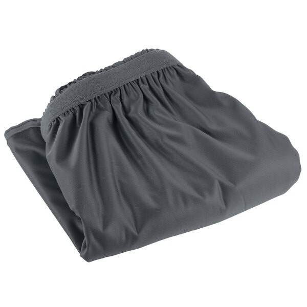A folded slate blue Snap Drape table skirt on a white background.