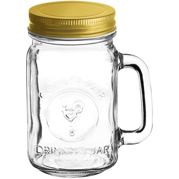 Acopa Rustic Charm 16 oz. Drinking Jar with Handle and Gold Metal Lid with  Straw Hole - 12/Case
