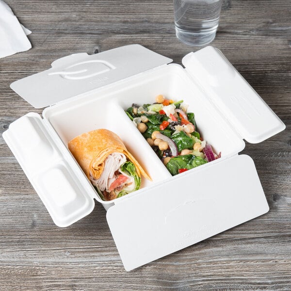 A white Eco-Products compostable takeout container with a sandwich and salad inside.