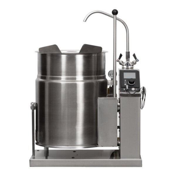 A large stainless steel 20-gallon tilting steam jacketed electric kettle with control panel and spout, designed for commercial kitchen use.