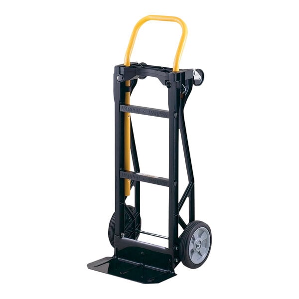 A black and yellow Harper hand truck with wheels.