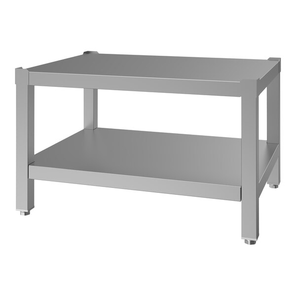 A stainless steel equipment stand with a lower shelf and sturdy legs.