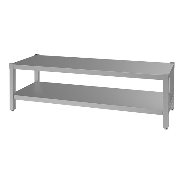 A stainless steel equipment stand with two shelves and an open design.