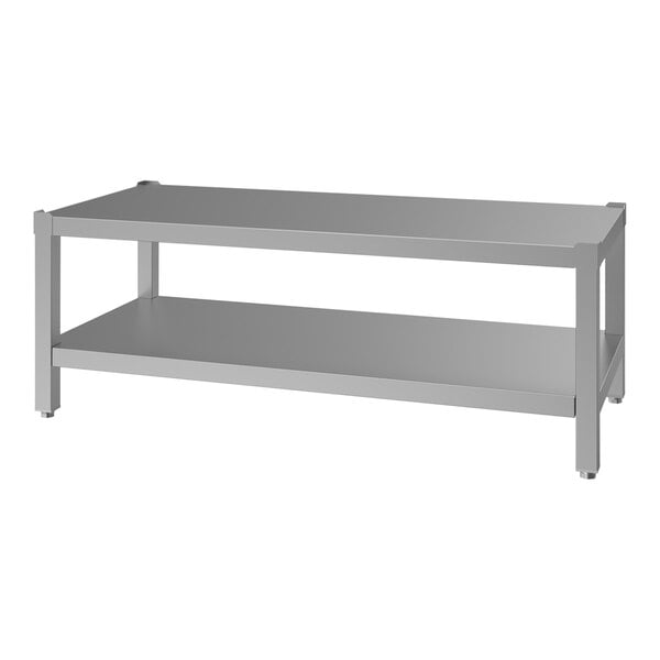 A stainless steel equipment stand with a lower shelf and open sides.