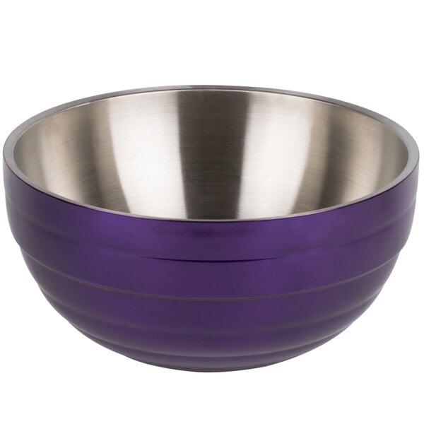 A stainless steel Vollrath beehive serving bowl with purple and silver accents.